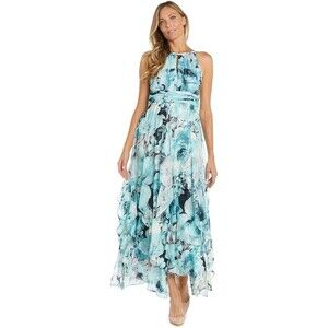 R & M Richards Women's Blue Floral-Print Halter Maxi Dress Plus Size 10